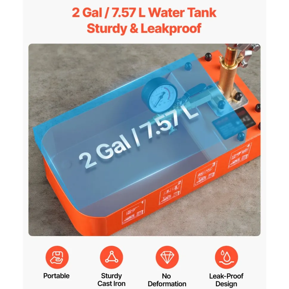 VEVOR Hydrostatic Test Pump 2 Gallon Hydraulic Manual Water Pressure Tester, Single Valve Hydrostatic Water Pipe Leakage Pressure Test Pump Kit with Gauge & Tank, 0-50 Bar Range, for Pipeline Heating