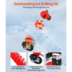 VEVOR Ice Auger Drill Bit, 8in Diameter 39in Length, Cordless Nylon Ice Fishing Augers With Extra 13.4in Extension Rod, Drill Adapter, Top Plate and Blade Guard
