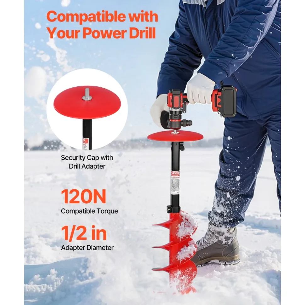 VEVOR Ice Auger Drill Bit, 8in Diameter 41in Length, Cordless Nylon Ice Fishing Augers With Extra 13.4in Extension Rod, Drill Adapter, Top Plate and Blade Guard