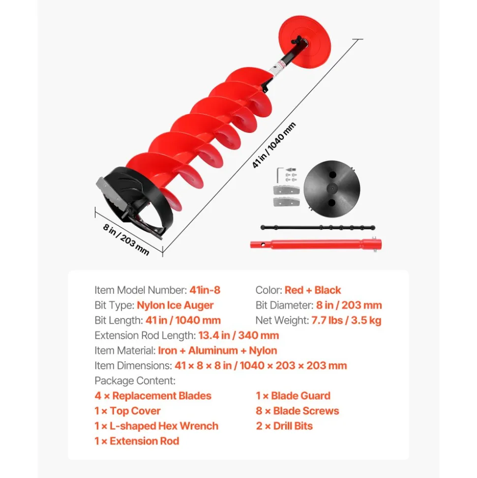 VEVOR Ice Auger Drill Bit, 8in Diameter 41in Length, Cordless Nylon Ice Fishing Augers With Extra 13.4in Extension Rod, Drill Adapter, Top Plate and Blade Guard
