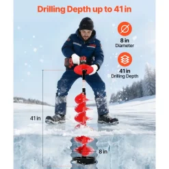 VEVOR Ice Auger Drill Bit, 8in Diameter 41in Length, Cordless Nylon Ice Fishing Augers With Extra 13.4in Extension Rod, Drill Adapter, Top Plate and Blade Guard