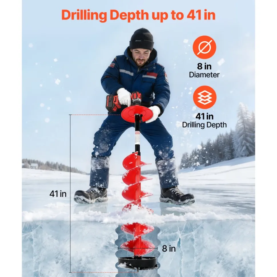 VEVOR Ice Auger Drill Bit, 8in Diameter 41in Length, Cordless Nylon Ice Fishing Augers With Extra 13.4in Extension Rod, Drill Adapter, Top Plate and Blade Guard