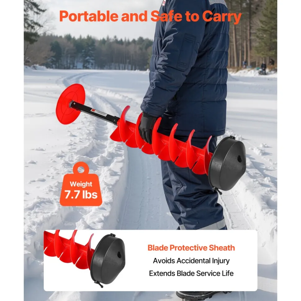 VEVOR Ice Auger Drill Bit, 8in Diameter 41in Length, Cordless Nylon Ice Fishing Augers With Extra 13.4in Extension Rod, Drill Adapter, Top Plate and Blade Guard