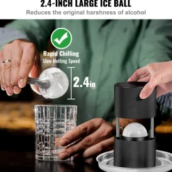VEVOR Ice Ball Press, 2.4" Ice Ball Maker, Aircraft Al Alloy Ice Ball Press Kit for 60mm Ice Sphere, Ice Press with Tong and Drip Tray, for Whiskey, Cocktail, Bourbon, Scot on Party & Holiday, Black