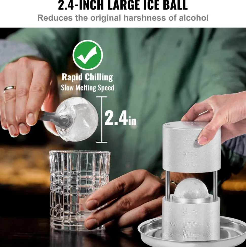 VEVOR Ice Ball Press, 2.4" Ice Ball Maker, Aircraft Al Alloy Ice Ball Press Kit for 60mm Ice Sphere, Ice Press with Tong and Drip Tray, for Whiskey, Cocktail, Bourbon, Scot on Party & Holiday, Silver