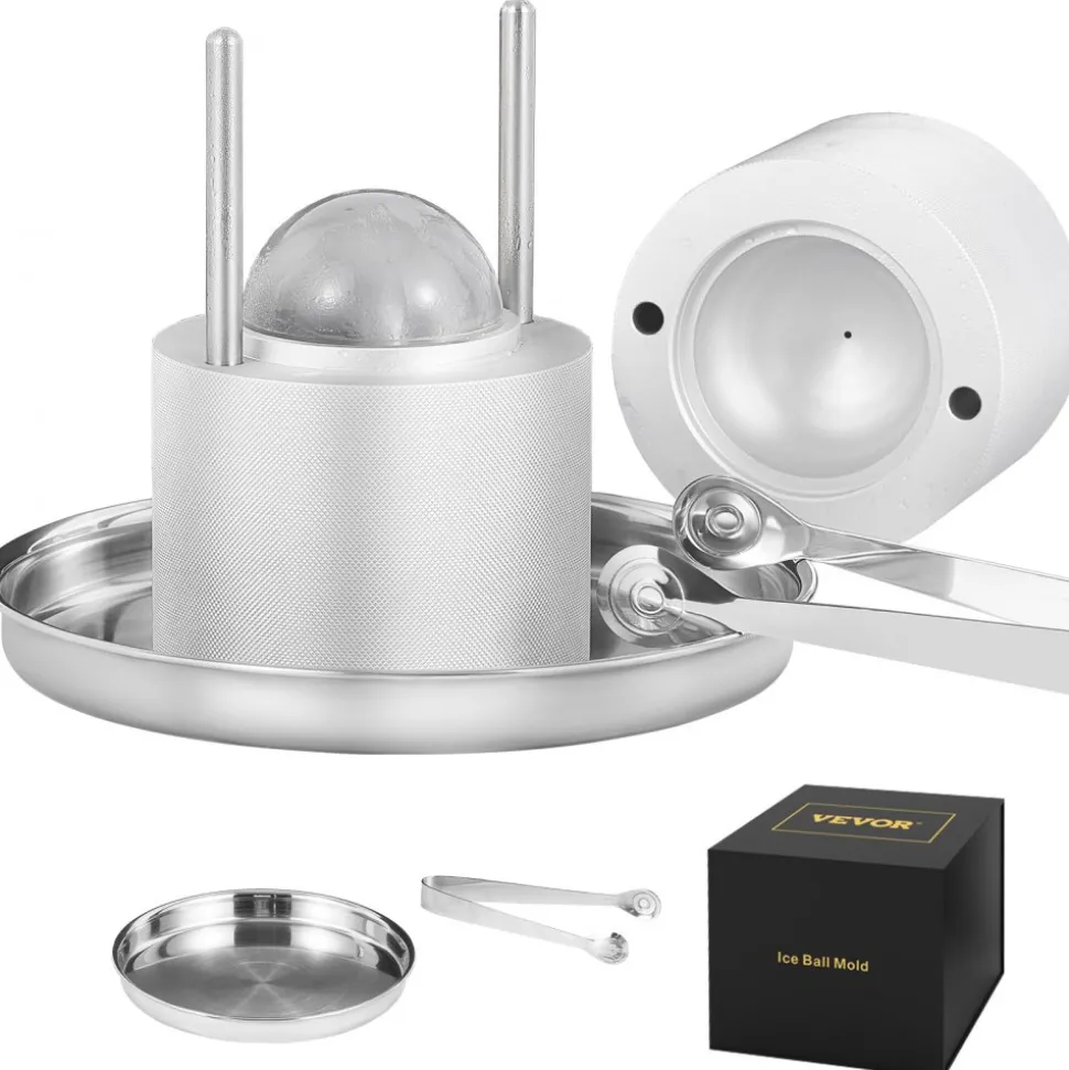 VEVOR Ice Ball Press, 2.4" Ice Ball Maker, Aircraft Al Alloy Ice Ball Press Kit for 60mm Ice Sphere, Ice Press with Tong and Drip Tray, for Whiskey, Cocktail, Bourbon, Scot on Party & Holiday, Silver