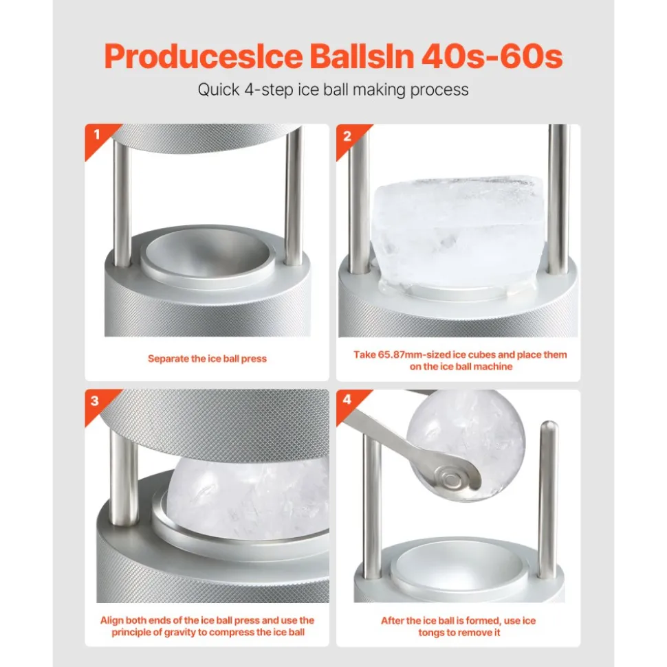 VEVOR Ice Ball Press, 2.1" Ice Ball Maker, Aviation Aluminum Ice Ball Press Kit for 53mm Ice Sphere, Ice Press with Tong and Drip Tray, for Whiskey, Cocktail, Bourbon, Scot on Party & Holiday