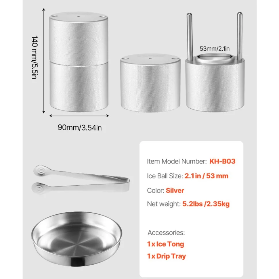 VEVOR Ice Ball Press, 2.1" Ice Ball Maker, Aviation Aluminum Ice Ball Press Kit for 53mm Ice Sphere, Ice Press with Tong and Drip Tray, for Whiskey, Cocktail, Bourbon, Scot on Party & Holiday