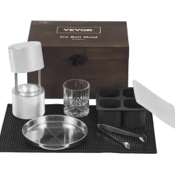 VEVOR Ice Ball Press Kit, Aircraft Al Alloy Ice Press with Ice Block Mold, Large Mat, Tong, Drip Tray, One Glass, Round Ice Ball Maker 2.4"/60 mm Ice Sphere, for Whiskey, Cocktail on Party & Holiday