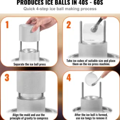 VEVOR Ice Ball Press Kit, Aircraft Al Alloy Ice Press with Ice Block Mold, Large Mat, Tong, Drip Tray, One Glass, Round Ice Ball Maker 2.4
