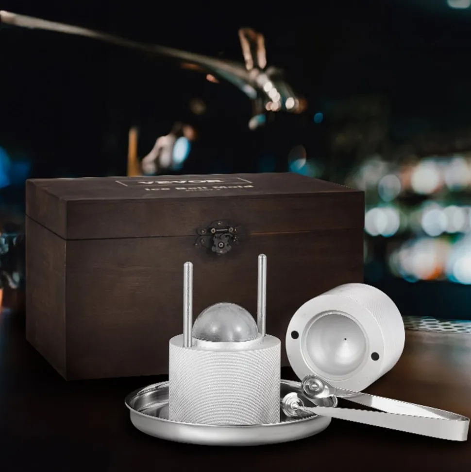VEVOR Ice Ball Press Kit, Aircraft Al Alloy Ice Press with Ice Block Mold, Large Mat, Tong, Drip Tray, One Glass, Round Ice Ball Maker 2.4"/60 mm Ice Sphere, for Whiskey, Cocktail on Party & Holiday