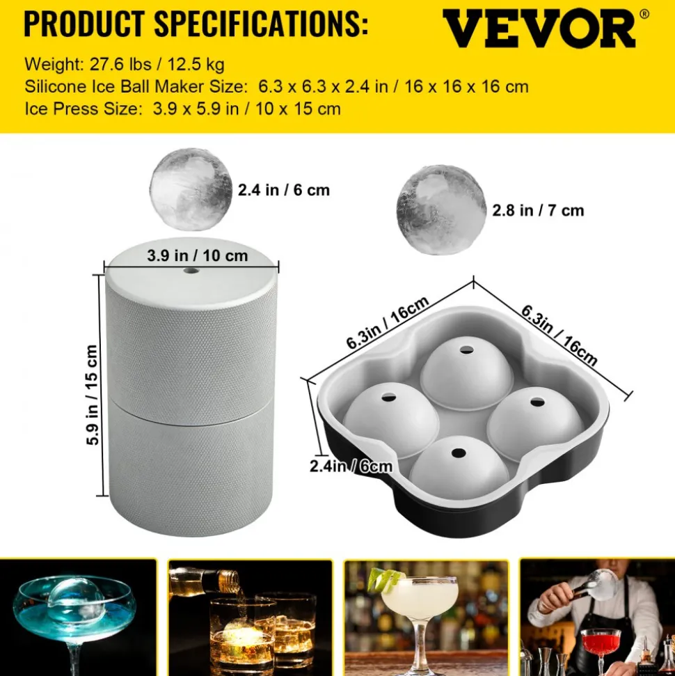 VEVOR Ice Ball Press Kit, Anodized 7075 Aluminum, with Silicone Moulds, Large Mat, Stainless Steel Tong & Two Glasses, Double Size Crystal Clear Rounds for Whiskeys, Cocktails on Parties & Holidays