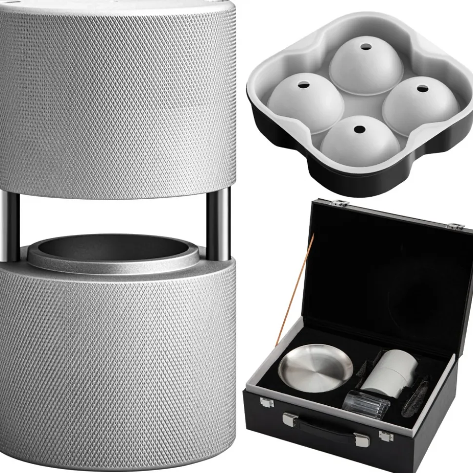 VEVOR Ice Ball Press Kit, Anodized 7075 Aluminum, with Silicone Moulds, Large Mat, Stainless Steel Tong & Two Glasses, Double Size Crystal Clear Rounds for Whiskeys, Cocktails on Parties & Holidays