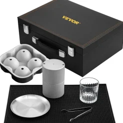 VEVOR Ice Ball Press Kit, Anodized 7075 Aluminum, with Silicone Moulds, Large Mat, Stainless Steel Tong & Two Glasses, Double Size Crystal Clear Rounds for Whiskeys, Cocktails on Parties & Holidays