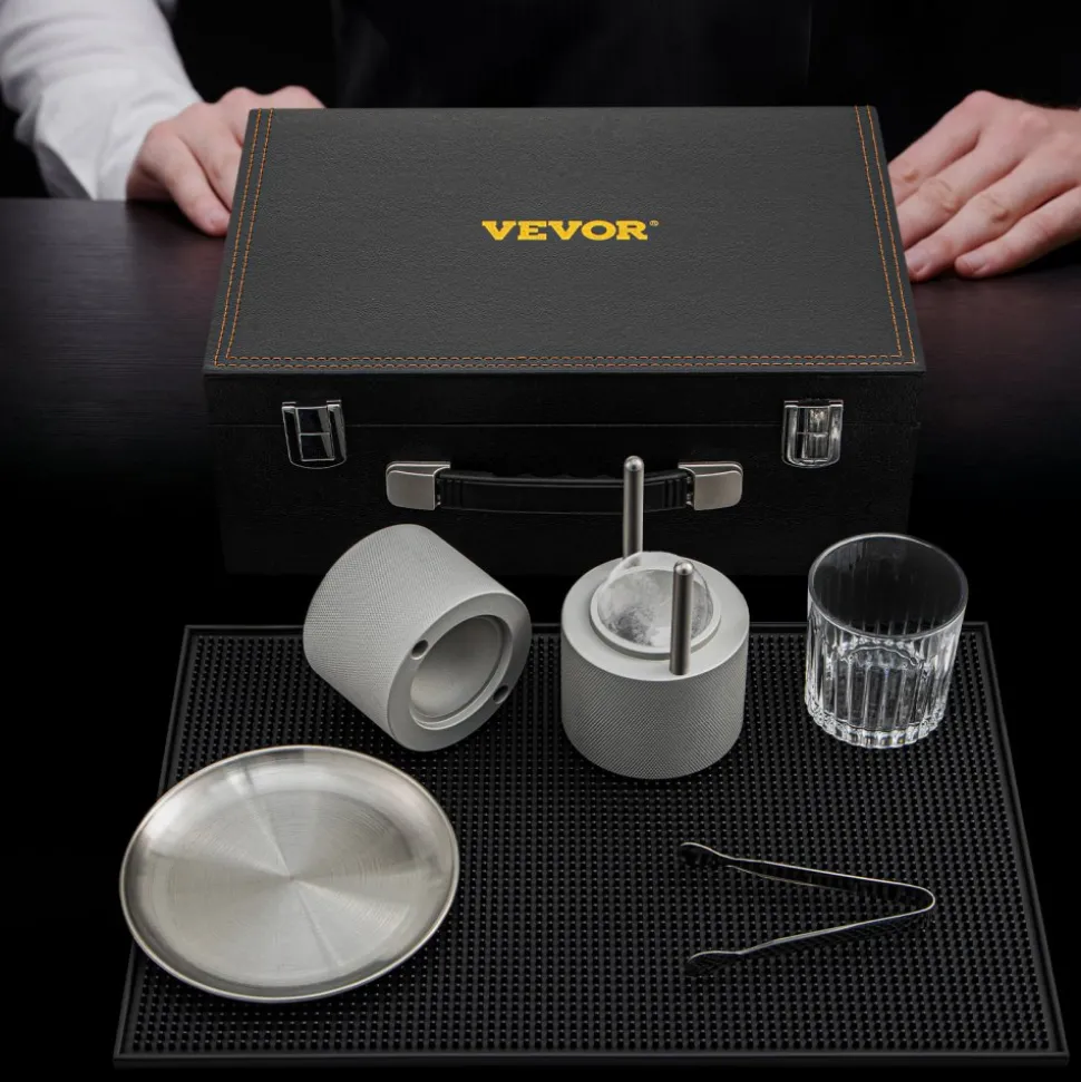 VEVOR Ice Ball Press Kit, Anodized 7075 Aluminum, with Silicone Moulds, Large Mat, Stainless Steel Tong & Two Glasses, Double Size Crystal Clear Rounds for Whiskeys, Cocktails on Parties & Holidays