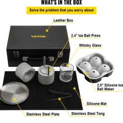 VEVOR Ice Ball Press Kit, Anodized 7075 Aluminum, with Silicone Moulds, Large Mat, Stainless Steel Tong & Two Glasses, Double Size Crystal Clear Rounds for Whiskeys, Cocktails on Parties & Holidays