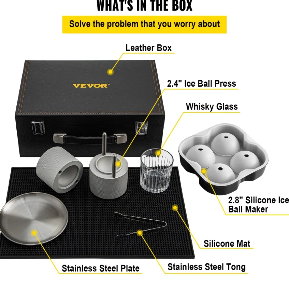 VEVOR Ice Ball Press Kit, Anodized 7075 Aluminum, with Silicone Moulds, Large Mat, Stainless Steel Tong & Two Glasses, Double Size Crystal Clear Rounds for Whiskeys, Cocktails on Parties & Holidays