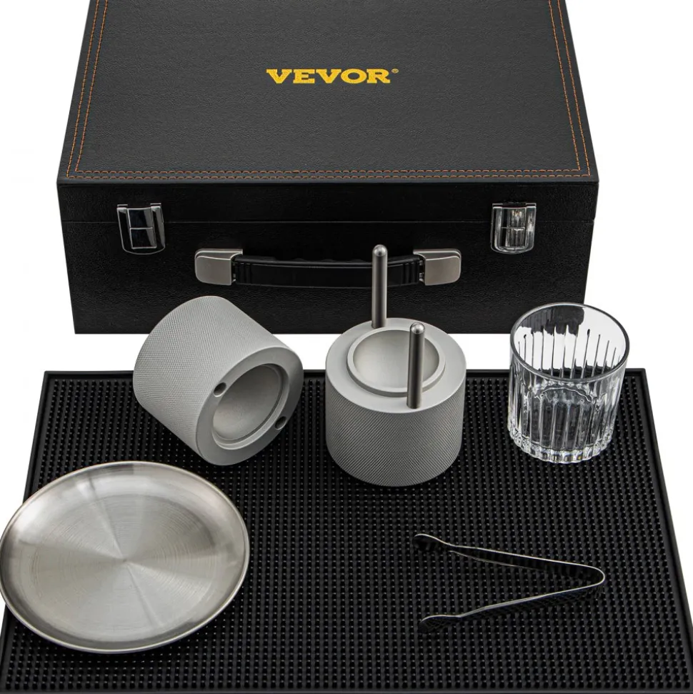 VEVOR Ice Ball Press Kit, Anodized 7075 Aluminum, with Silicone Moulds, Large Mat, Stainless Steel Tong & Two Glasses, Double Size Crystal Clear Rounds for Whiskeys, Cocktails on Parties & Holidays