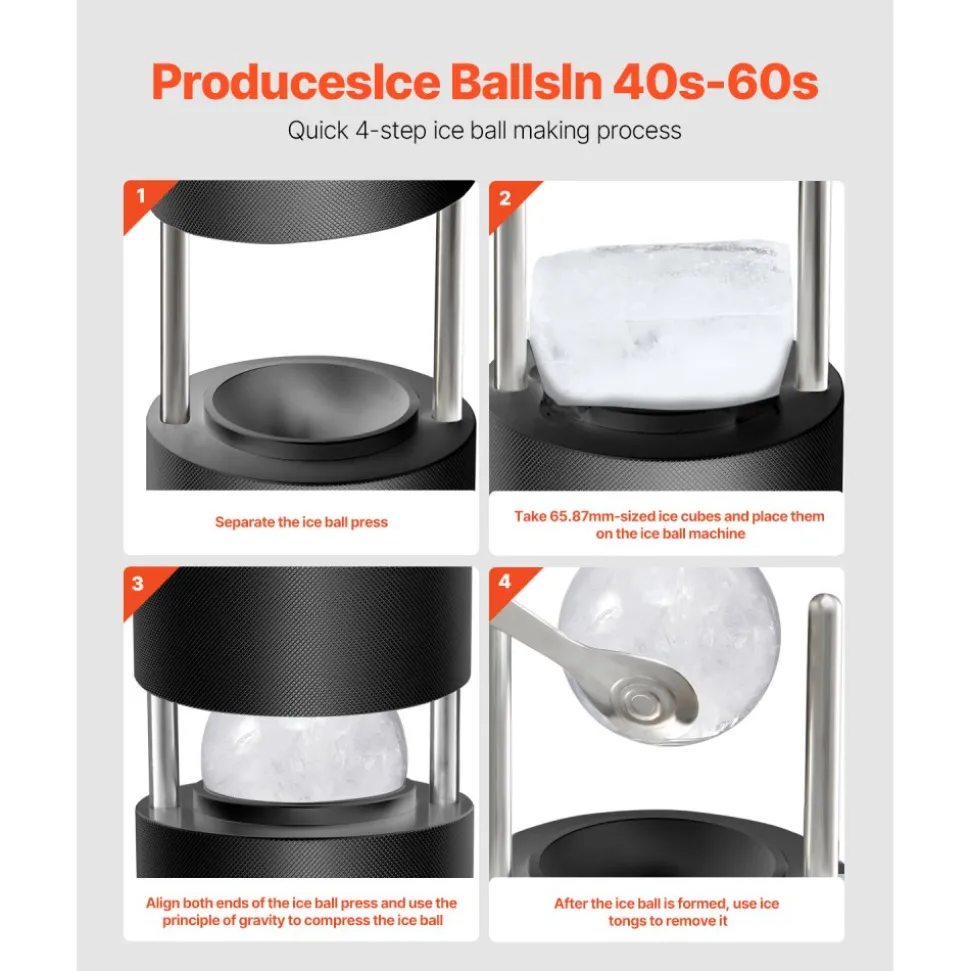 VEVOR Ice Ball Press Kit, Aviation Aluminum Ice Press with Ice Block Mold, Large Mat, Tong, Drip Tray, One Glass, Round Ice Ball Maker 2.4"/60 mm Ice Sphere, for Whiskey, Cocktail on Party & Holiday