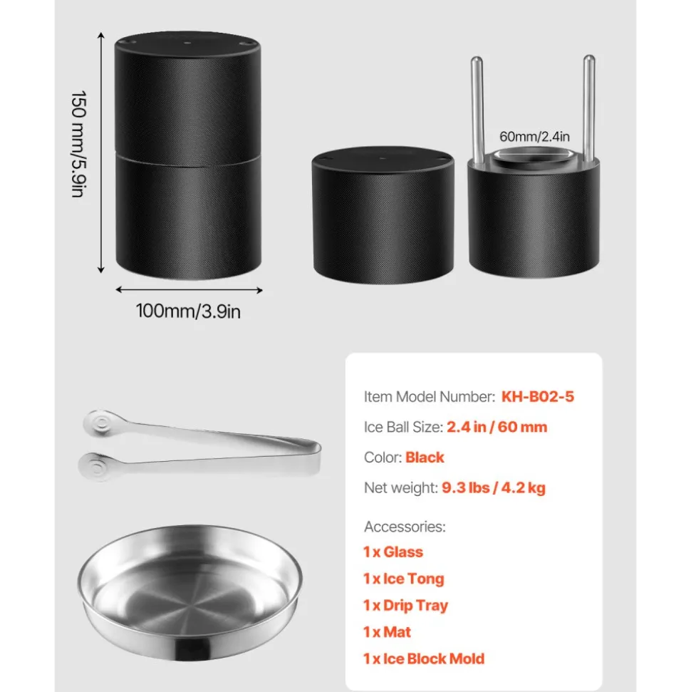 VEVOR Ice Ball Press Kit, Aviation Aluminum Ice Press with Ice Block Mold, Large Mat, Tong, Drip Tray, One Glass, Round Ice Ball Maker 2.4"/60 mm Ice Sphere, for Whiskey, Cocktail on Party & Holiday