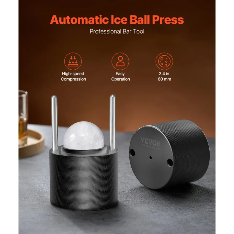 VEVOR Ice Ball Press Kit, Aviation Aluminum Ice Press with Ice Block Mold, Large Mat, Tong, Drip Tray, One Glass, Round Ice Ball Maker 2.4"/60 mm Ice Sphere, for Whiskey, Cocktail on Party & Holiday