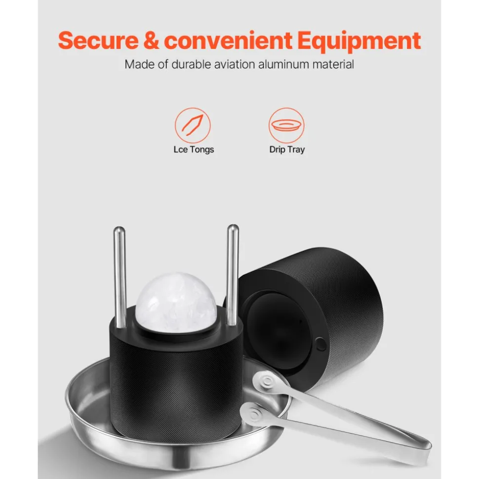 VEVOR Ice Ball Press Kit, Aviation Aluminum Ice Press with Ice Block Mold, Large Mat, Tong, Drip Tray, One Glass, Round Ice Ball Maker 2.4"/60 mm Ice Sphere, for Whiskey, Cocktail on Party & Holiday