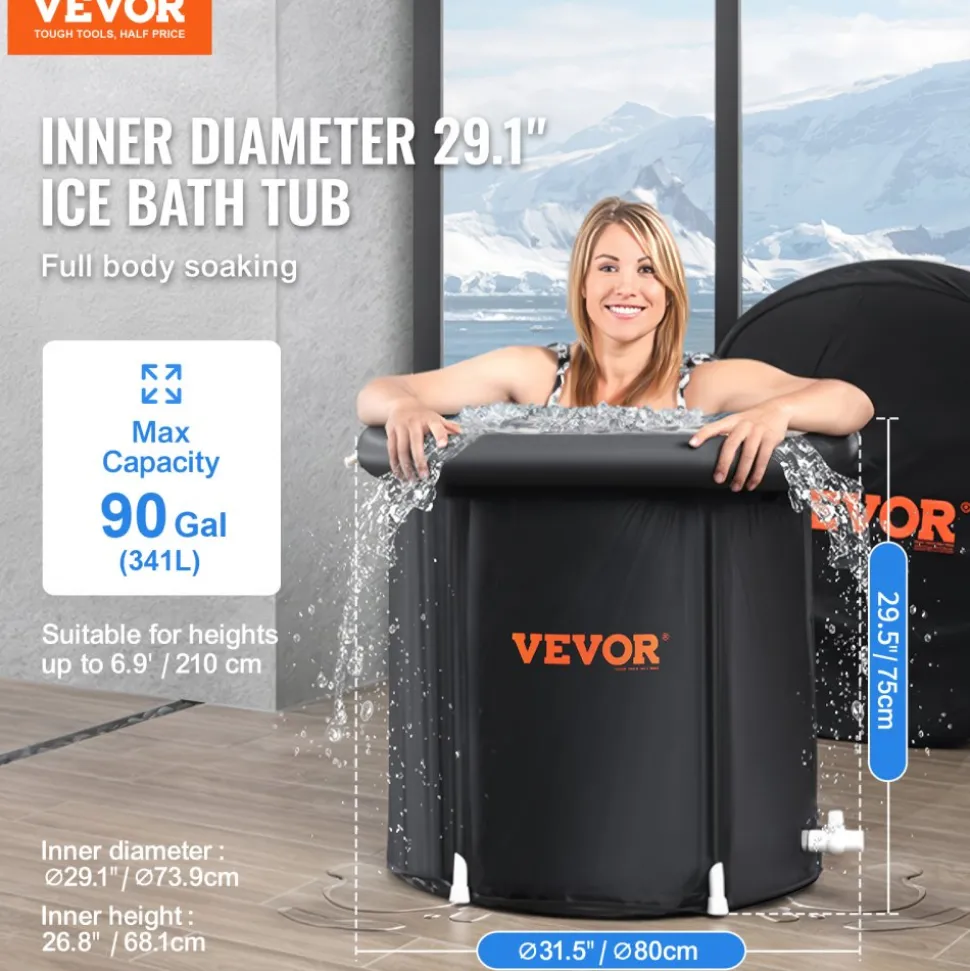 VEVOR Ice Bath Tub, Cold Water Therapy Plunge Tub for Athletes, Portable Outdoor Ice Barrel Plunge Pool for Recovery, 90 Gal Inflatable Folding Bathtub with Cover, Home Ice Pod for Adult, 32"Lx30"H