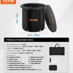 VEVOR Ice Bath Tub, Cold Water Therapy Plunge Tub for Athletes, Portable Outdoor Ice Barrel Plunge Pool for Recovery, 90 Gal Inflatable Folding Bathtub with Cover, Home Ice Pod for Adult, 32