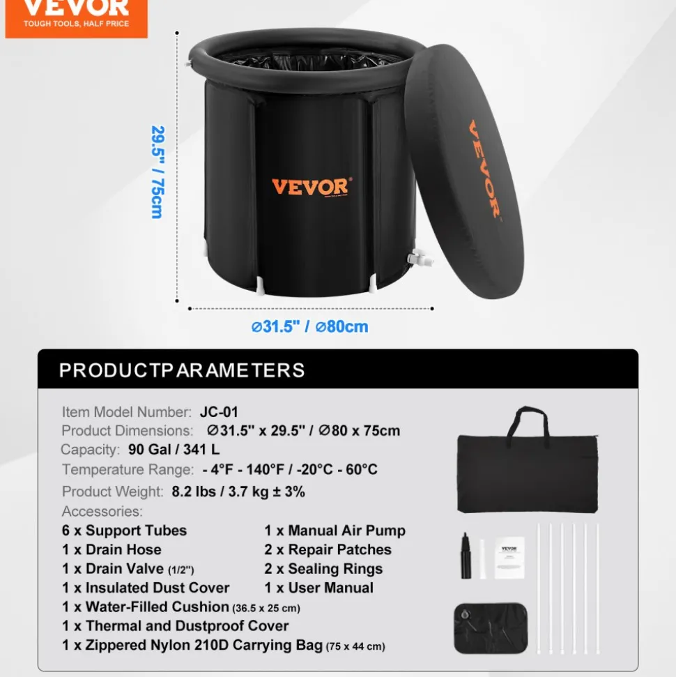 VEVOR Ice Bath Tub, Cold Water Therapy Plunge Tub for Athletes, Portable Outdoor Ice Barrel Plunge Pool for Recovery, 90 Gal Inflatable Folding Bathtub with Cover, Home Ice Pod for Adult, 32"Lx30"H