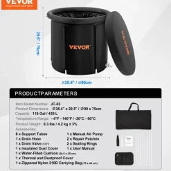 VEVOR Ice Bath Tub, Cold Water Therapy Plunge Tub for Athlete, Portable Outdoor Ice Barrel Plunge Pool for Recovery, 98 Gal Inflatable Folding Bathtub with Cover, Home Ice Pod for Adult, 35.4