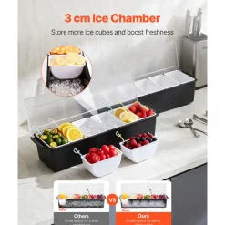 VEVOR Ice Cooled Condiment Serving Container, 6 Compartments Chilled Server, Fruit Veggie Condiment Caddy, Plastic Garnish Station Lid Dispenser Tray, for Bartending & Serving Taco Restaurant Supplies