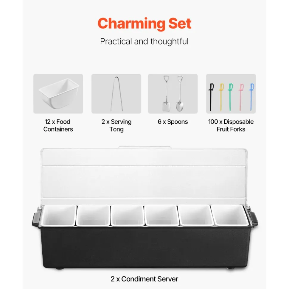 VEVOR Ice Cooled Condiment Serving Container, 6 Compartments Chilled Server, Fruit Veggie Condiment Caddy, Plastic Garnish Station Lid Dispenser Tray, for Bartending & Serving Taco Restaurant Supplies