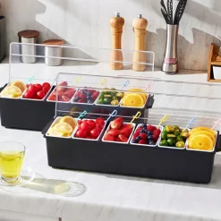 VEVOR Ice Cooled Condiment Serving Container, 6 Compartments Chilled Server, Fruit Veggie Condiment Caddy, Plastic Garnish Station Lid Dispenser Tray, for Bartending & Serving Taco Restaurant Supplies
