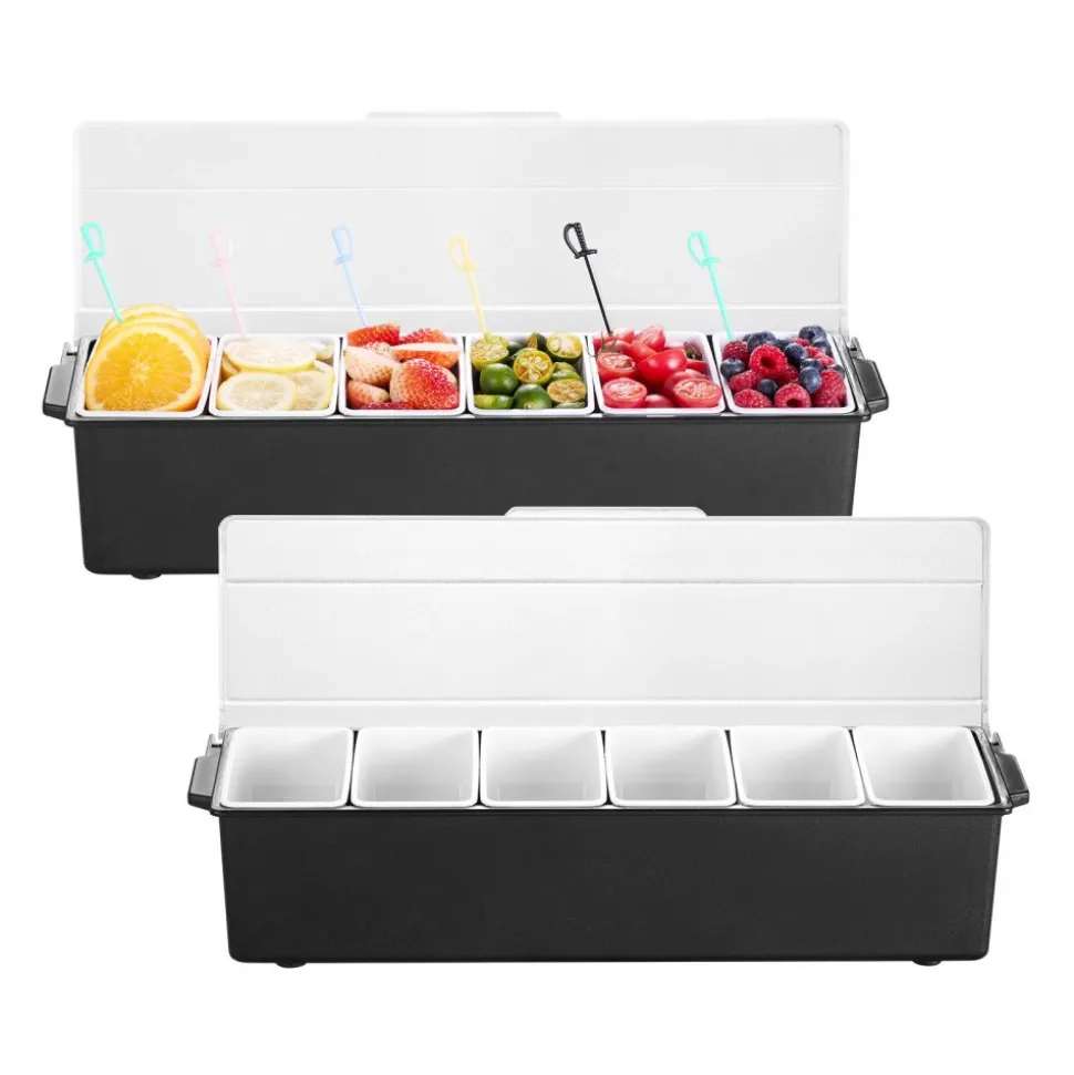 VEVOR Ice Cooled Condiment Serving Container, 6 Compartments Chilled Server, Fruit Veggie Condiment Caddy, Plastic Garnish Station Lid Dispenser Tray, for Bartending & Serving Taco Restaurant Supplies