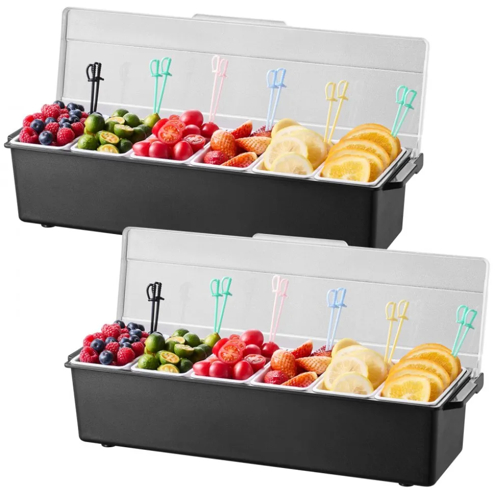 VEVOR Ice Cooled Condiment Serving Container, 6 Compartments Chilled Server, Fruit Veggie Condiment Caddy, Plastic Garnish Station Lid Dispenser Tray, for Bartending & Serving Taco Restaurant Supplies