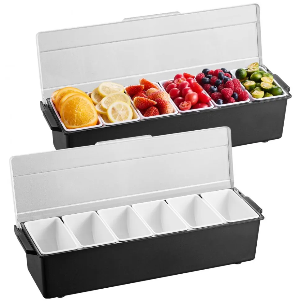 VEVOR Ice Cooled Condiment Serving Container, 6 Compartments Chilled Server, Fruit Veggie Condiment Caddy, Plastic Garnish Station Lid Dispenser Tray, for Bartending & Serving Taco Restaurant Supplies