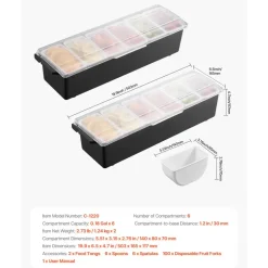 VEVOR Ice Cooled Condiment Serving Container, 6 Compartments Chilled Server, Fruit Veggie Condiment Caddy, Plastic Garnish Station Lid Dispenser Tray, for Bartending & Serving Taco Restaurant Supplies
