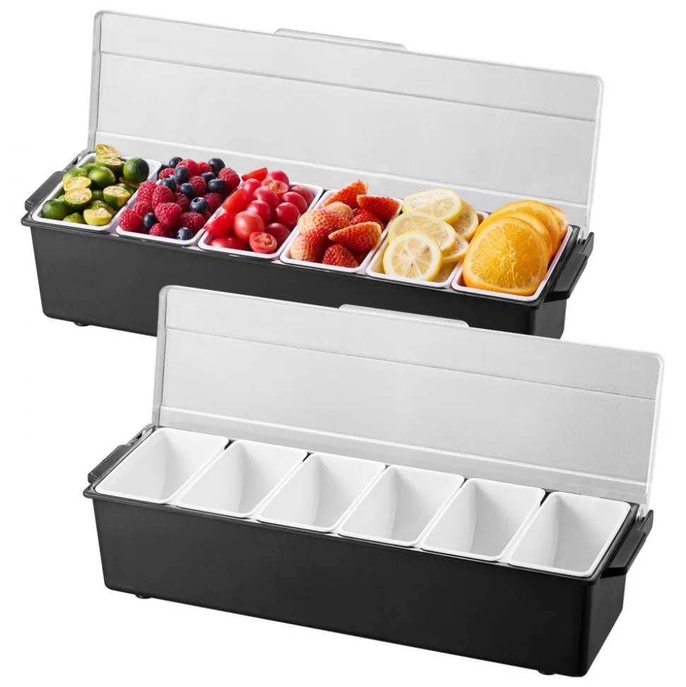 VEVOR Ice Cooled Condiment Serving Container, 6 Compartments Chilled Server, Fruit Veggie Condiment Caddy, Plastic Garnish Station Lid Dispenser Tray, for Bartending & Serving Taco Restaurant Supplies