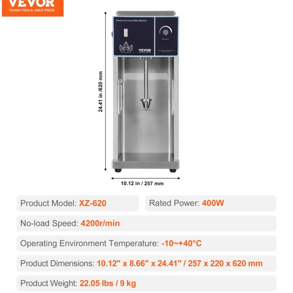 VEVOR Ice Cream Blender, 400W High-Speed Ice Cream Maker Mixer Stir Machine 4200RPM, Stepless Speed Adjustment, 304 Stainless Steel Ice Cream Shaker, 3 Hand Cups, Make Various Flavors of Ice Cream