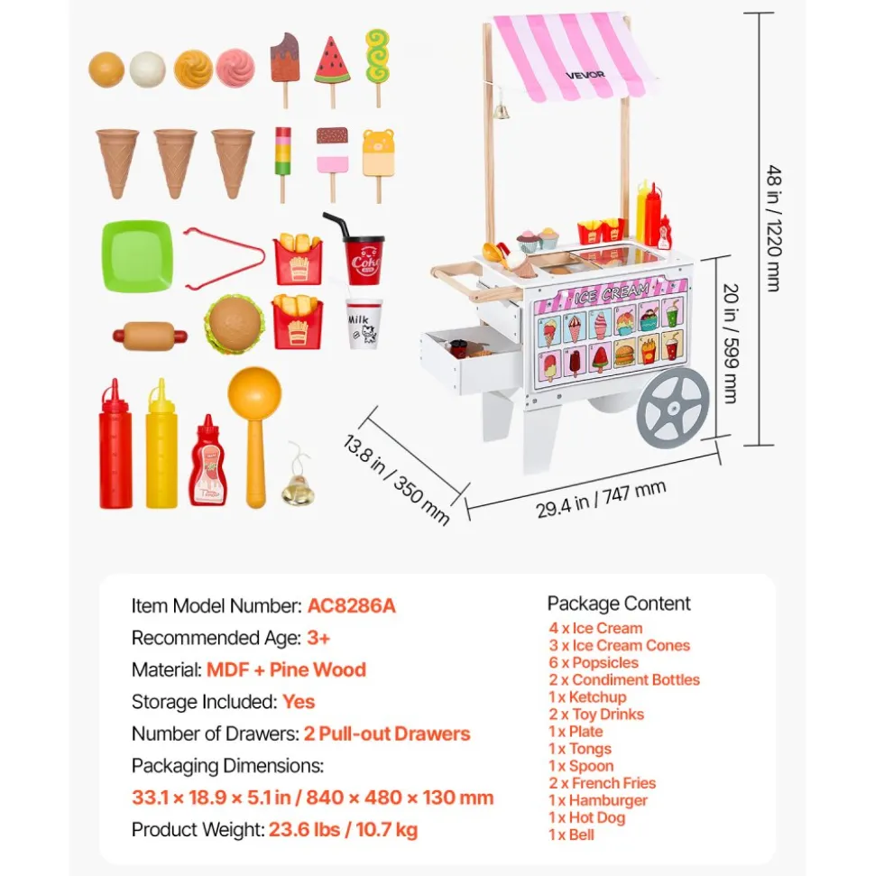 VEVOR Ice Cream Cart for Kids, 20+ PCS Accessories, Pretend Play Ice Cream Shop Kitchen Food Toys with Ice Cream Cone & Popsicle, Awning & Freezer, Storage Drawers & Flipping Menus, For Kids Aged 3-7