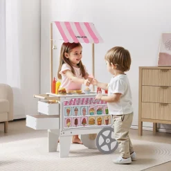 VEVOR Ice Cream Cart for Kids, 20+ PCS Accessories, Pretend Play Ice Cream Shop Kitchen Food Toys with Ice Cream Cone & Popsicle, Awning & Freezer, Storage Drawers & Flipping Menus, For Kids Aged 3-7