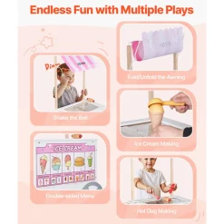 VEVOR Ice Cream Cart for Kids, 20+ PCS Accessories, Pretend Play Ice Cream Shop Kitchen Food Toys with Ice Cream Cone & Popsicle, Awning & Freezer, Storage Drawers & Flipping Menus, For Kids Aged 3-7