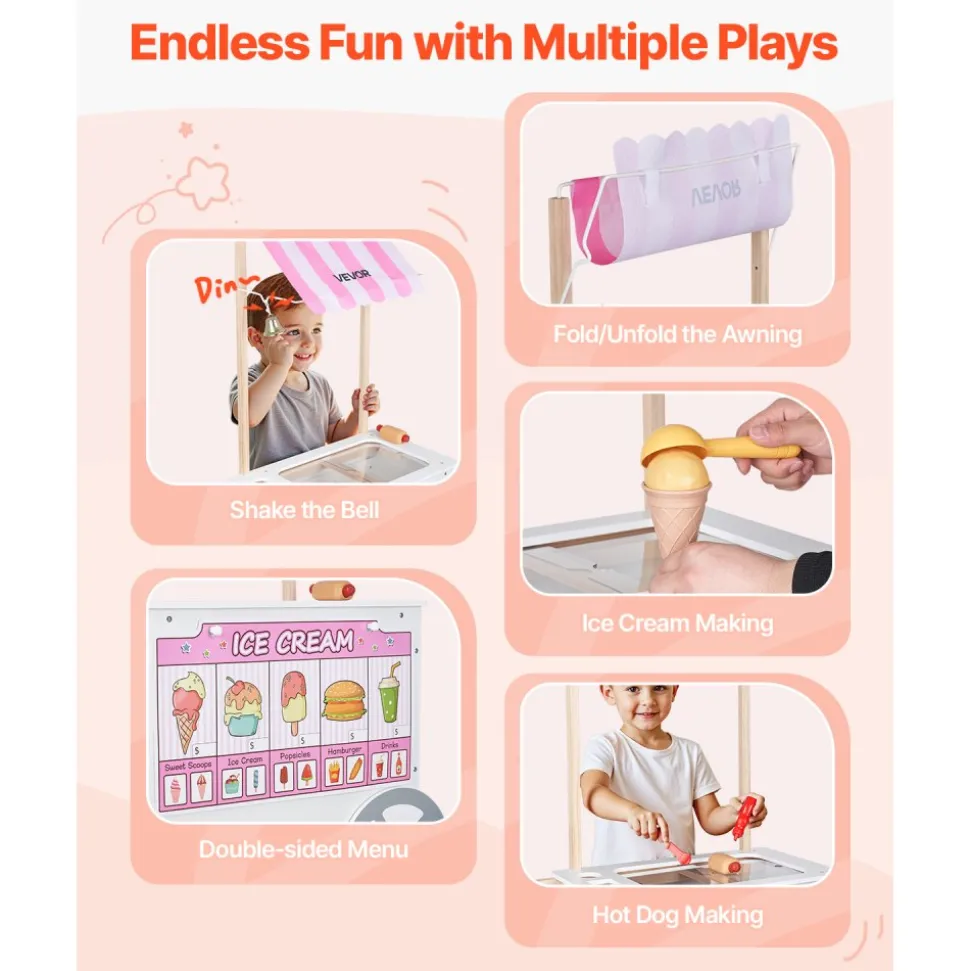 VEVOR Ice Cream Cart for Kids, 20+ PCS Accessories, Pretend Play Ice Cream Shop Kitchen Food Toys with Ice Cream Cone & Popsicle, Awning & Freezer, Storage Drawers & Flipping Menus, For Kids Aged 3-7