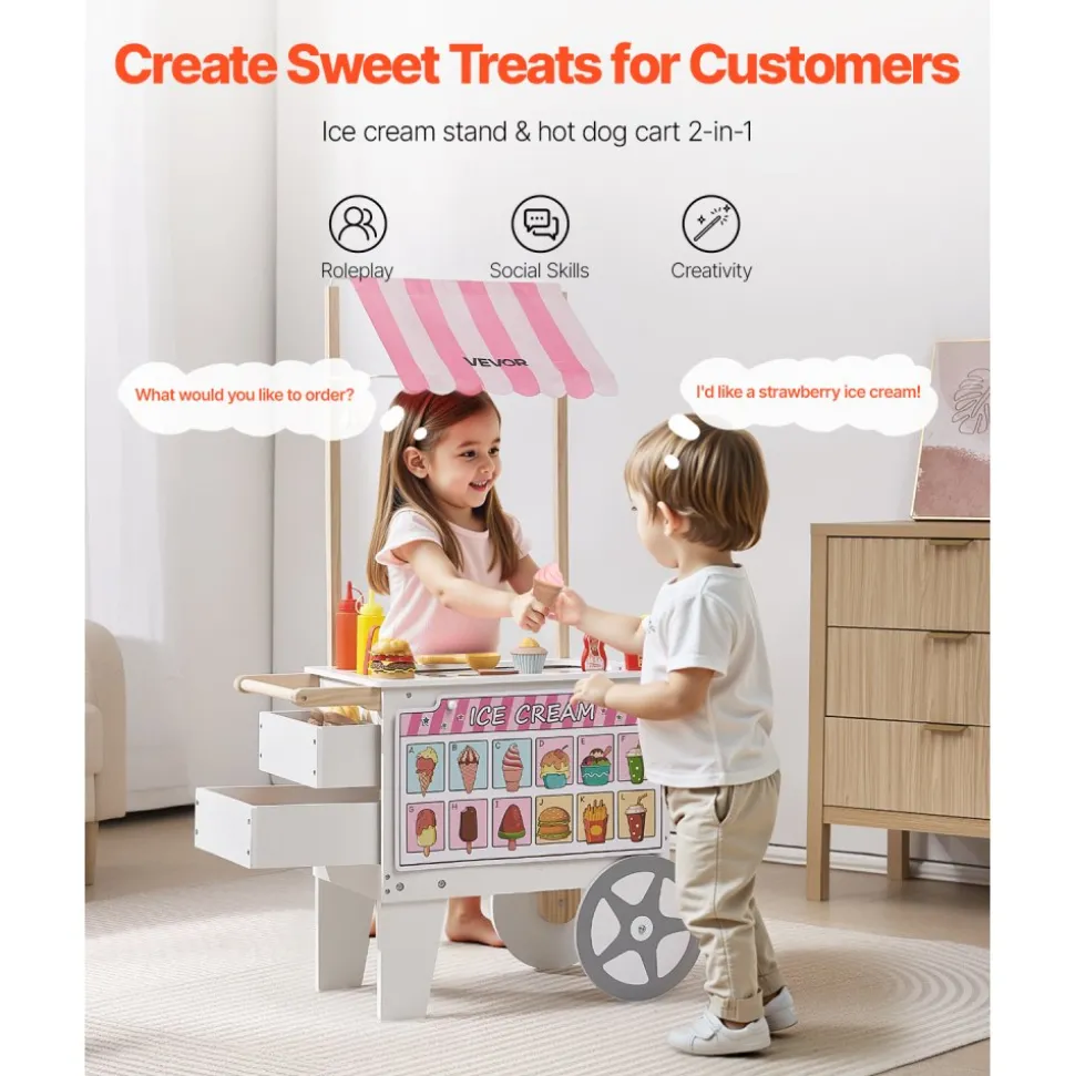 VEVOR Ice Cream Cart for Kids, 20+ PCS Accessories, Pretend Play Ice Cream Shop Kitchen Food Toys with Ice Cream Cone & Popsicle, Awning & Freezer, Storage Drawers & Flipping Menus, For Kids Aged 3-7