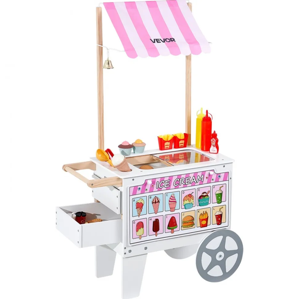 VEVOR Ice Cream Cart for Kids, 20+ PCS Accessories, Pretend Play Ice Cream Shop Kitchen Food Toys with Ice Cream Cone & Popsicle, Awning & Freezer, Storage Drawers & Flipping Menus, For Kids Aged 3-7