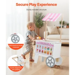 VEVOR Ice Cream Cart for Kids, 20+ PCS Accessories, Pretend Play Ice Cream Shop Kitchen Food Toys with Ice Cream Cone & Popsicle, Awning & Freezer, Storage Drawers & Flipping Menus, For Kids Aged 3-7