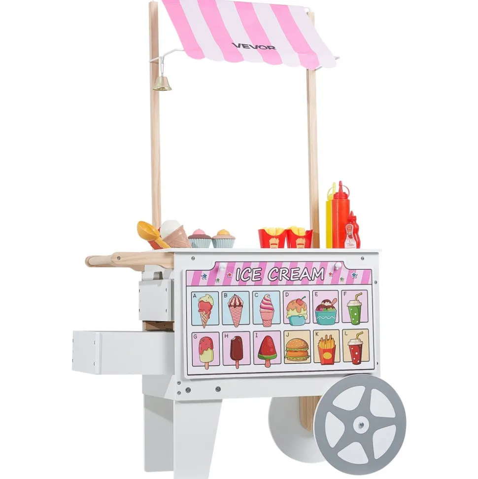 VEVOR Ice Cream Cart for Kids, 20+ PCS Accessories, Pretend Play Ice Cream Shop Kitchen Food Toys with Ice Cream Cone & Popsicle, Awning & Freezer, Storage Drawers & Flipping Menus, For Kids Aged 3-7