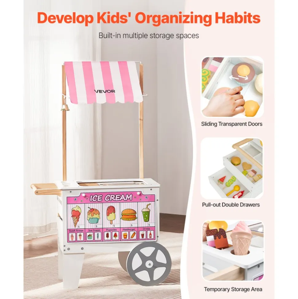 VEVOR Ice Cream Cart for Kids, 20+ PCS Accessories, Pretend Play Ice Cream Shop Kitchen Food Toys with Ice Cream Cone & Popsicle, Awning & Freezer, Storage Drawers & Flipping Menus, For Kids Aged 3-7