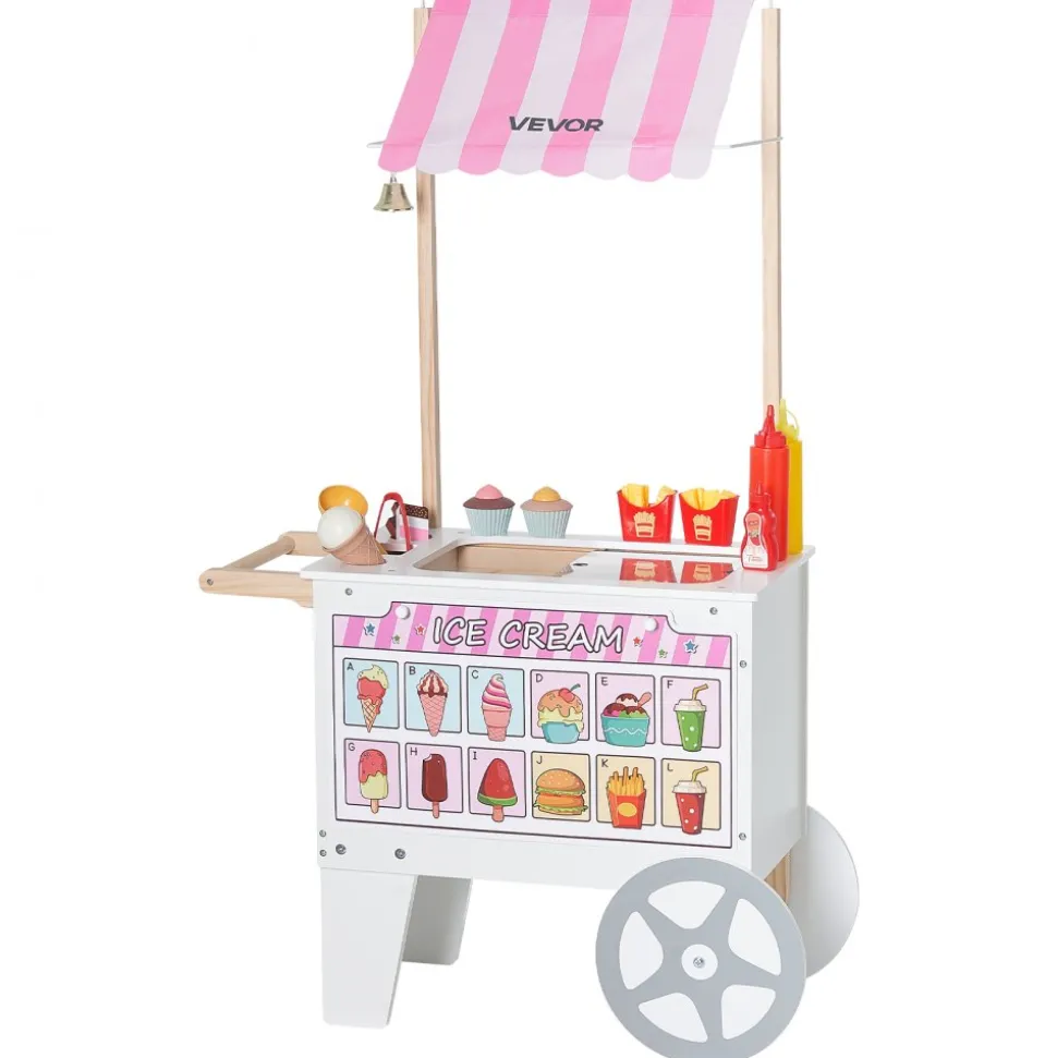 VEVOR Ice Cream Cart for Kids, 20+ PCS Accessories, Pretend Play Ice Cream Shop Kitchen Food Toys with Ice Cream Cone & Popsicle, Awning & Freezer, Storage Drawers & Flipping Menus, For Kids Aged 3-7