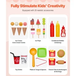 VEVOR Ice Cream Cart for Kids, 20+ PCS Accessories, Pretend Play Ice Cream Shop Kitchen Food Toys with Ice Cream Cone & Popsicle, Awning & Freezer, Storage Drawers & Flipping Menus, For Kids Aged 3-7